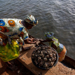 Guinea-Bissau, Cacheu. 2013. Two women haul harvested oysters onto the quay.