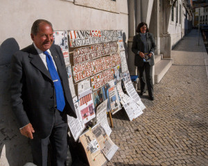 Portugal, Lisbon, Príncipe Real. 2008. Probably the world's longest protest. For more than 16 years this couple, officially declared dead, has been posting daily in front of the Attorney-General's office trying to prove that they definitely are alive...