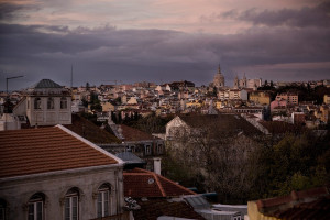 Portugal, Lisbon. 2008. Lisbon at sunset seen from the neighbourhood of Príncipe Real. In the background the Basilica of Estrela.