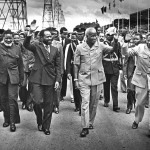 Zambia, Lusaka. 1985. The arrival at Lusaka airport of Heads of States to attend the Frontline Summit. From left to right: Sam Nujoma of Namibia, Samora Machel (1933-1986) of Mozambique, Kenneth Kaunda of Zambia and Robert Mugabe of Zimbabwe (the only president still in power).