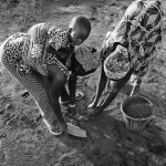 Guinea-Bissau, K3 village, on the outer marshes of the Cacheu river. 2005. A family collects silt from the river forelands that were once fertile rice fields. At home, they filter and boil the silt with water and obtain good quality salt.