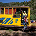 Portugal, Trâs-os-Montes. 2010. The Tua railway near Santa Luzia. The maintenance car on one of its last runs on the line, manned by Adelino Teixeira de Carvalho and Manuel Cardoso Liberato whose fathers and grandfathers were also employed by the National railways.