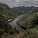 Portugal, Alto Douro. 2017. View at the River Tua valley near the former railway station of São Lourenço (marker 16) where the railway is being submerged by the rising waters after the completion of the barrage downstream.